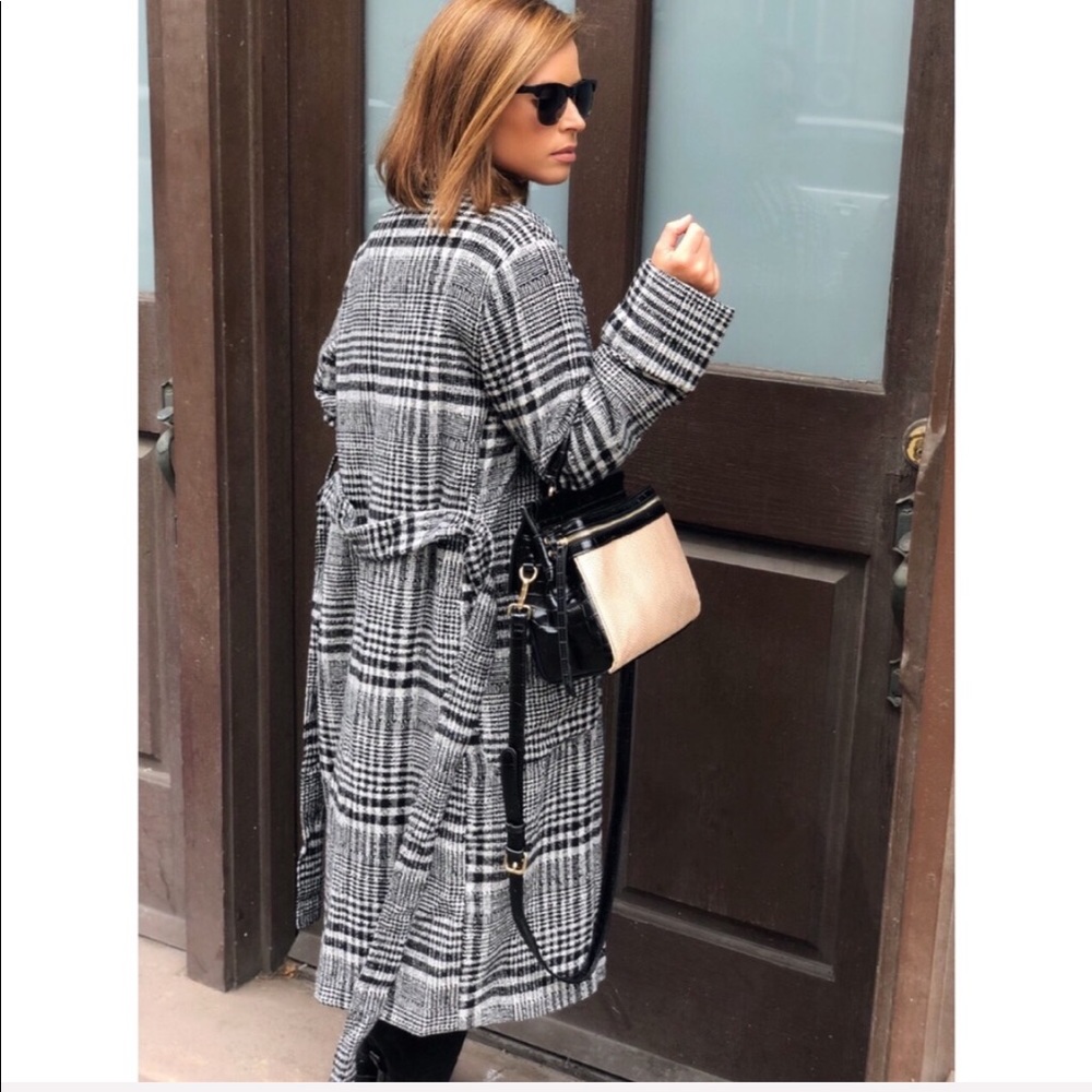 Chenelle Plaid Belted Coat - Black & White - Picture 2 of 7